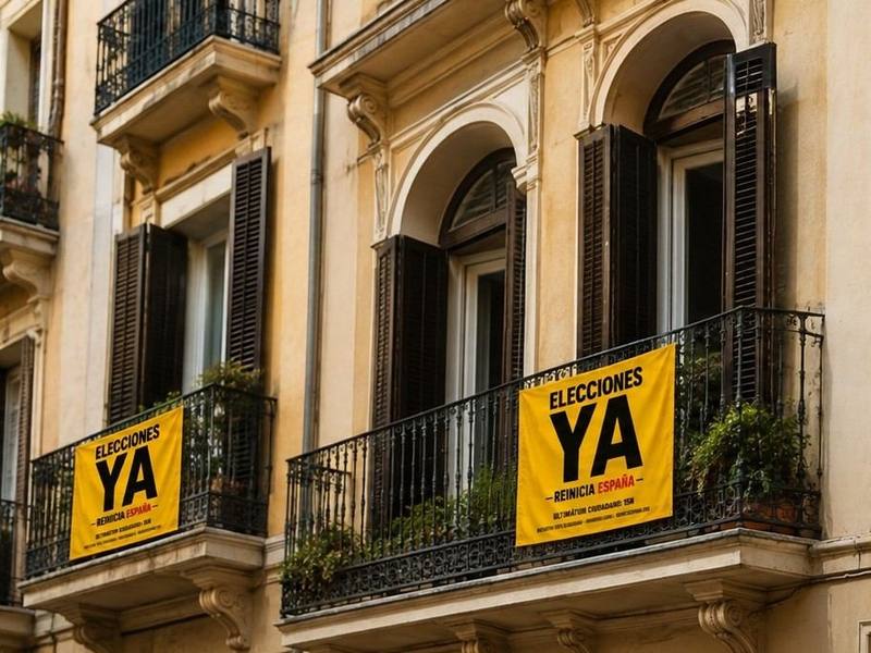 Banderas de Elecciones ya colgadas en los balcones de una fachada