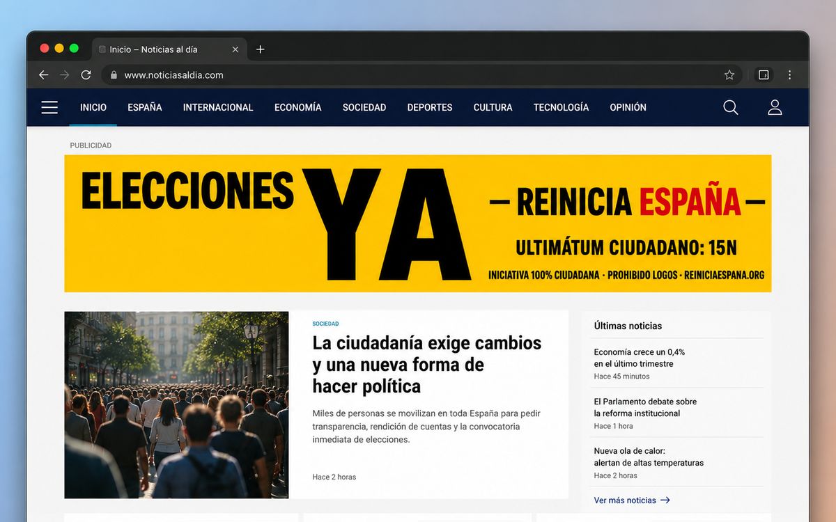 Portada de un periódico digital en un navegador con el banner amarillo de Elecciones ya ocupando el ancho, bajo la palabra Publicidad