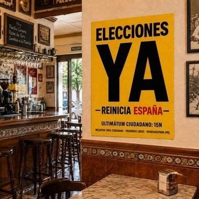 Cartel Elecciones ya colgado en la pared de un bar, junto a la barra
