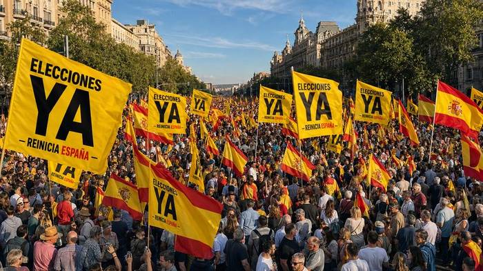 Multitud en una manifestación con decenas de banderas amarillas de Elecciones ya en mástiles, entre banderas de España
