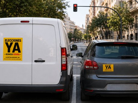 Furgoneta y coche con el cartel de Elecciones ya en la trasera, parados en un semáforo