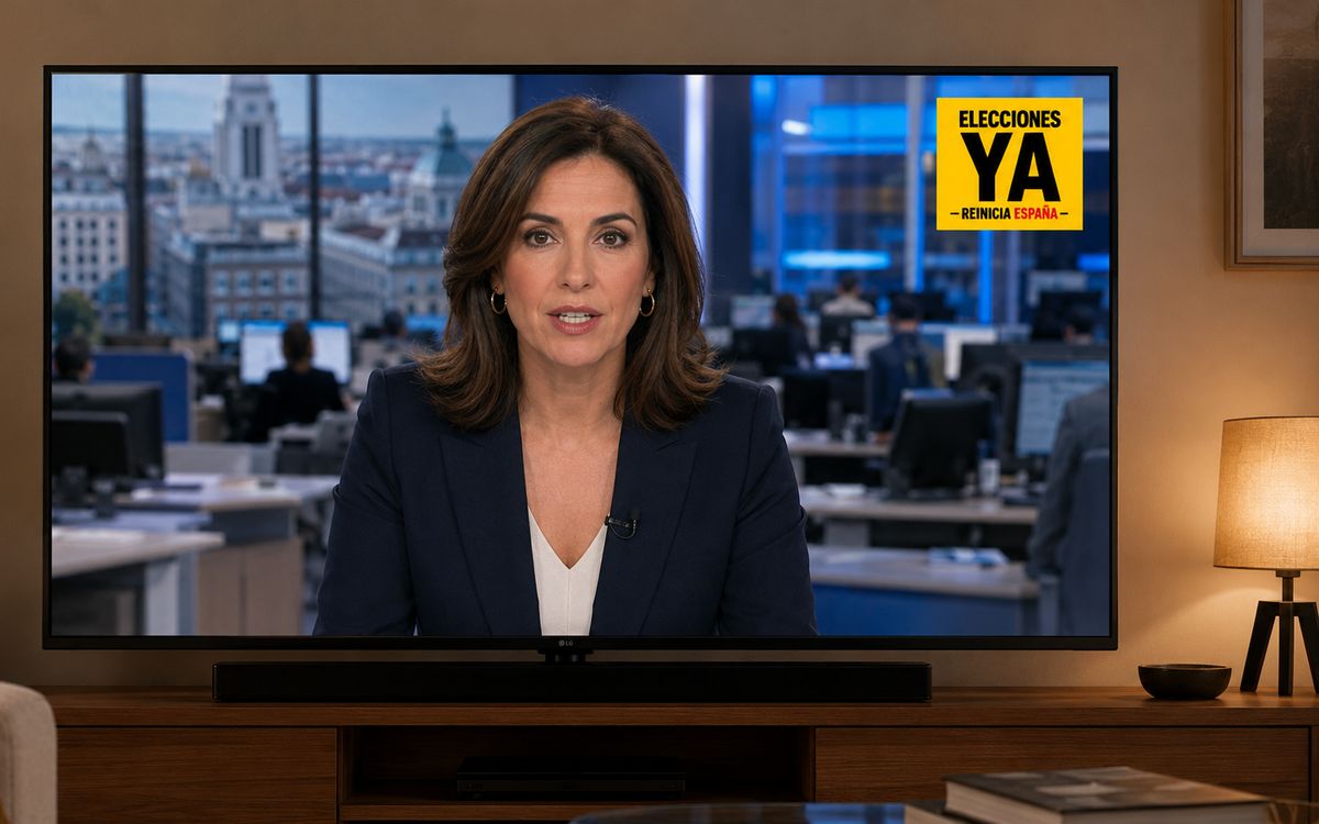 Televisión encendida en un salón con un informativo: en la esquina superior derecha de la pantalla, la mosca amarilla de Elecciones ya