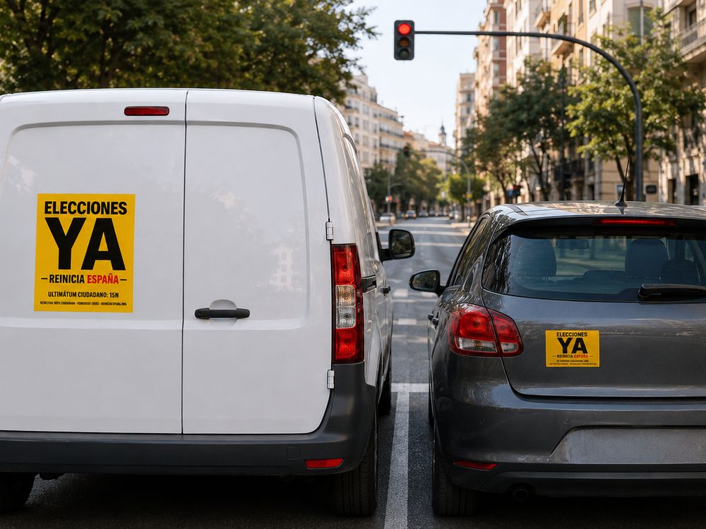Una furgoneta blanca con el vinilo grande de Elecciones ya en la puerta trasera y, al lado, un coche con el vinilo pequeño en el portón, parados en un semáforo