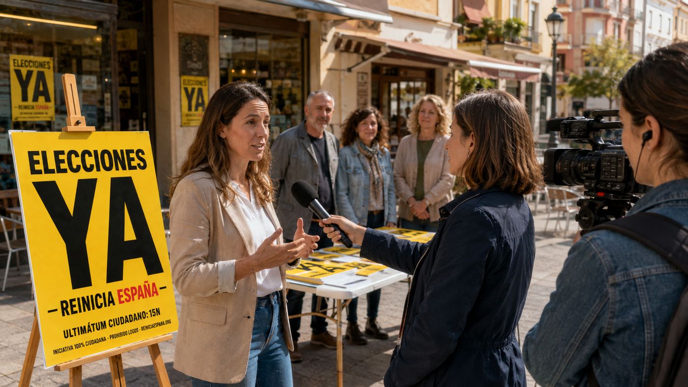 Una portavoz atiende a una periodista con micrófono y cámara junto a un caballete con el cartel de Elecciones ya, en una calle peatonal