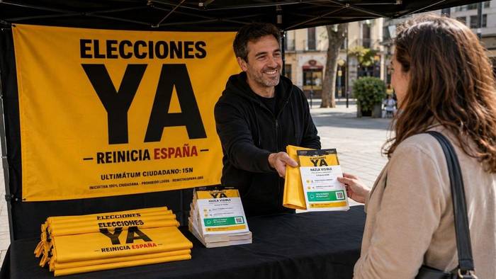 Un puesto en la calle con la bandera de Elecciones ya colgada detrás, banderas dobladas sobre la mesa y una persona entregando la tarjeta a una vecina
