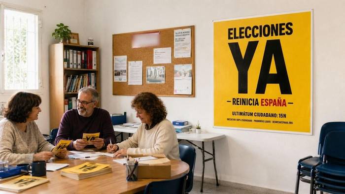 Sede de una asociación de vecinos: el cartel de Elecciones ya colgado en la pared junto al tablón de anuncios, y tres personas alrededor de una mesa con carteles doblados. El rótulo del tablón va difuminado