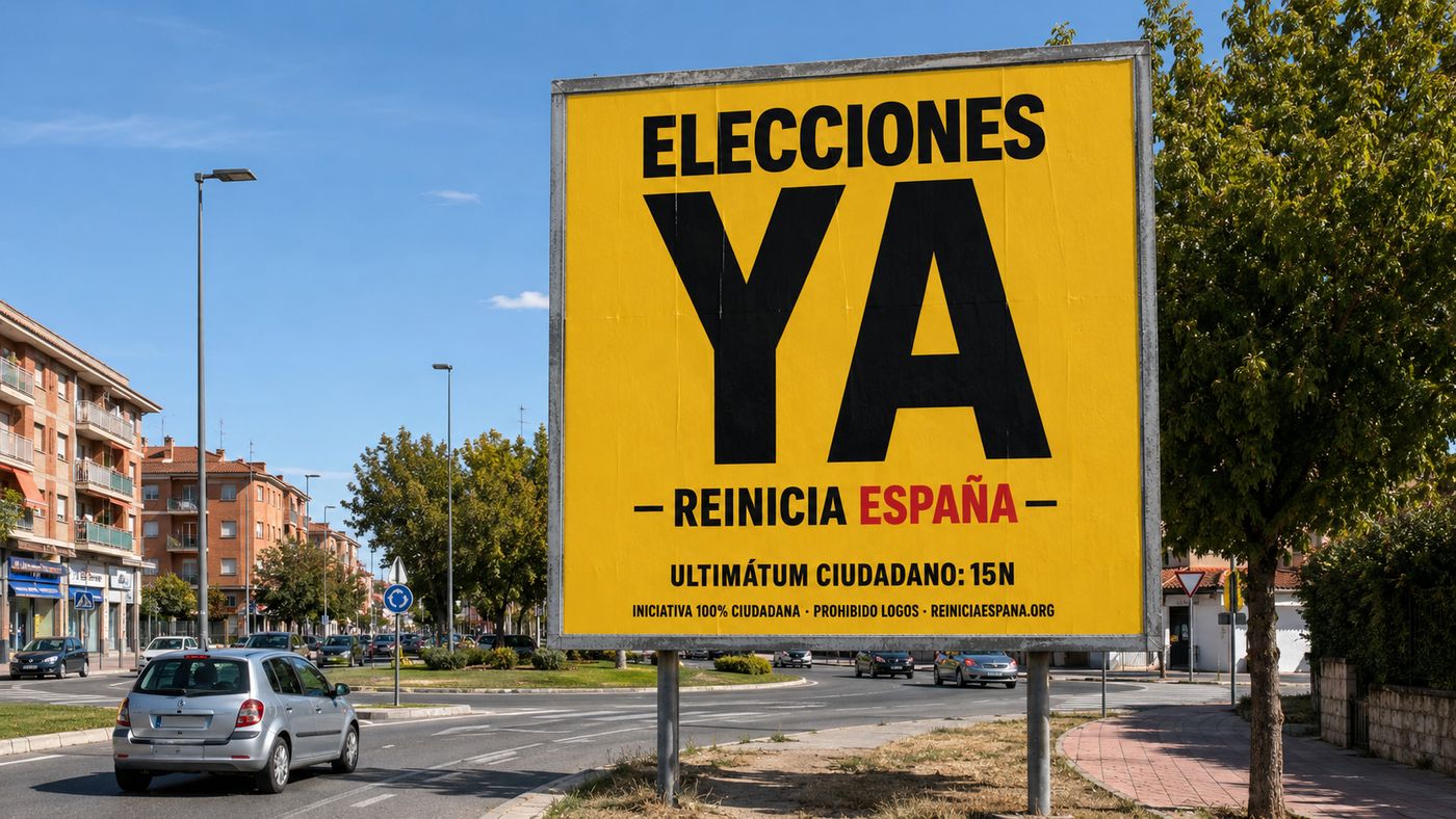 Valla publicitaria en una rotonda de entrada a una ciudad, con el cartel de Elecciones ya sobre fondo amarillo